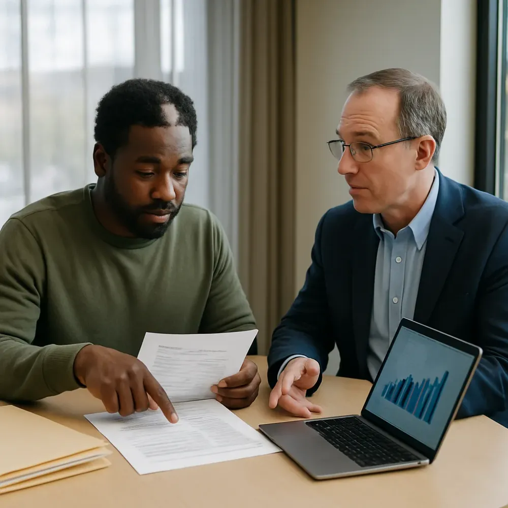 Business owner and CPA reviewing financial statement report in Portsmouth